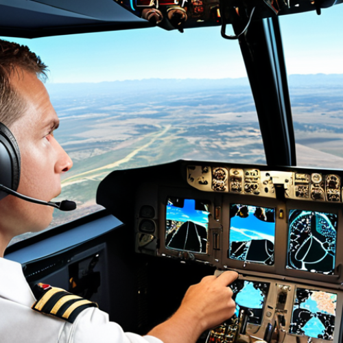 Home 15 **
A pilot in a modern flight training simulator. The simulator cockpit is highly detailed and realistic. The pilot looks focused and determined, interacting with the controls. The background shows a simulated aerial landscape with clear skies. The overall impression is one of advanced technology and immersive training.
**