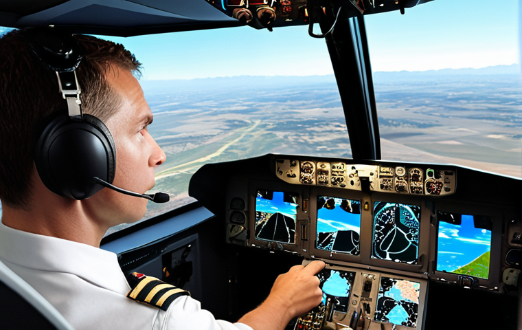 **
A pilot in a modern flight training simulator. The simulator cockpit is highly detailed and realistic. The pilot looks focused and determined, interacting with the controls. The background shows a simulated aerial landscape with clear skies. The overall impression is one of advanced technology and immersive training.
**