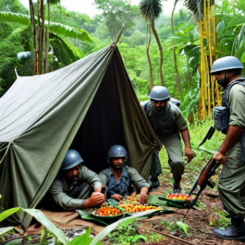 Home 14 **
A group of Indian Air Force commandos undergoing harsh survival training in a dense jungle. Focus on the commandos building a makeshift shelter and identifying edible plants. The scene should convey a sense of resilience and determination.
**