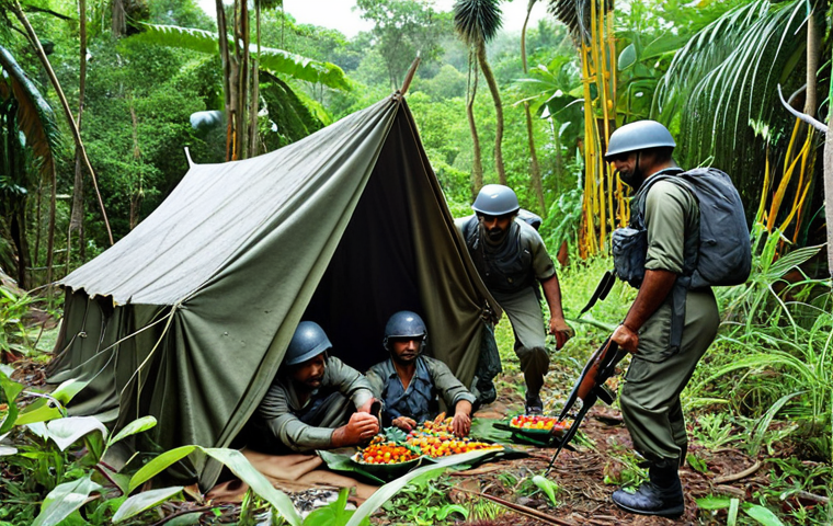**
A group of Indian Air Force commandos undergoing harsh survival training in a dense jungle. Focus on the commandos building a makeshift shelter and identifying edible plants. The scene should convey a sense of resilience and determination.
**