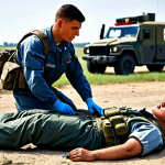 Battlefield First Aid**

A fully clothed air force medical technician providing first aid to a wounded soldier on a battlefield. The technician is applying a tourniquet to control bleeding. In the background, there are other soldiers and military vehicles. Appropriate attire, safe for work, perfect anatomy, natural proportions, professional, modest, high quality, realistic rendering.

**
