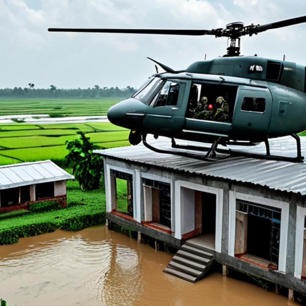 **

"Bangladesh Air Force helicopter rescuing flood victims from a rooftop in a rural village, fully clothed, appropriate attire, safe for work, daytime, dramatic sky, accurate depiction of the helicopter model, perfect anatomy, natural proportions, professional, family-friendly, high resolution, detailed landscape."

**