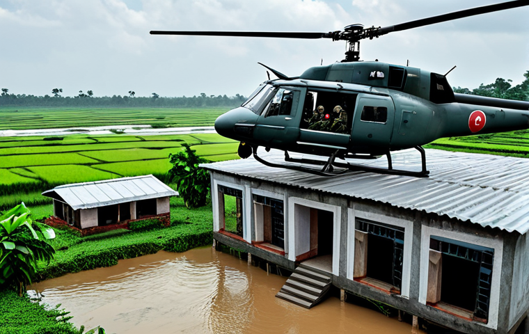 **
"Bangladesh Air Force helicopter rescuing flood victims from a rooftop in a rural village, fully clothed, appropriate attire, safe for work, daytime, dramatic sky, accurate depiction of the helicopter model, perfect anatomy, natural proportions, professional, family-friendly, high resolution, detailed landscape."
**