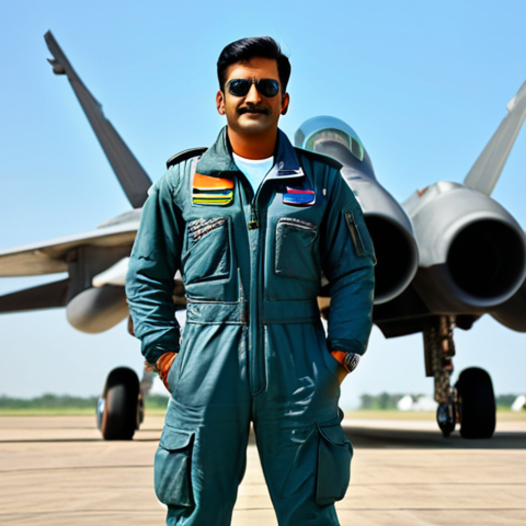 공군 파일럿 채용 절차 - "An Indian Air Force pilot in a fully clothed flight suit, standing proudly in front of a fighter je...