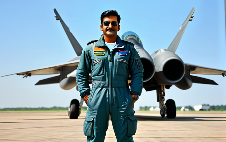 공군 파일럿 채용 절차 - "An Indian Air Force pilot in a fully clothed flight suit, standing proudly in front of a fighter je...