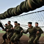 Home 14 공군의 공군 특수부대 낙하산 훈련 - **Prompt:** A group of determined paratrooper trainees, dressed in standard military training unifor...