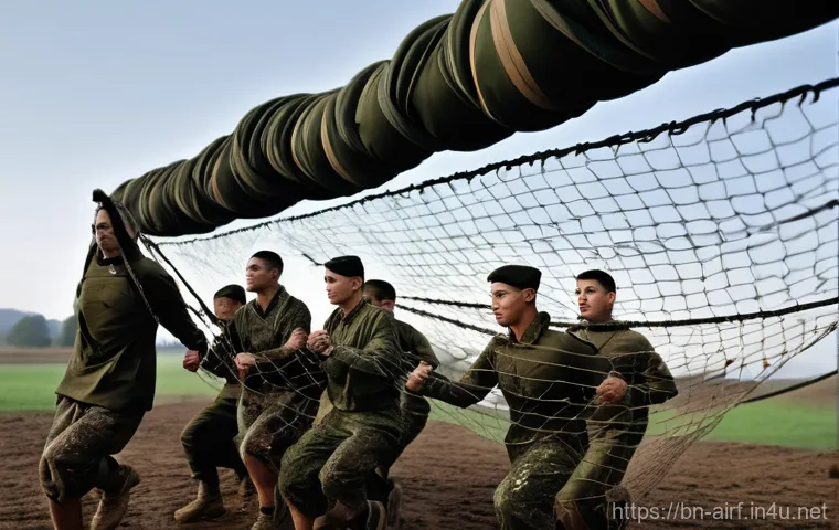 공군의 공군 특수부대 낙하산 훈련 - **Prompt:** A group of determined paratrooper trainees, dressed in standard military training unifor...
