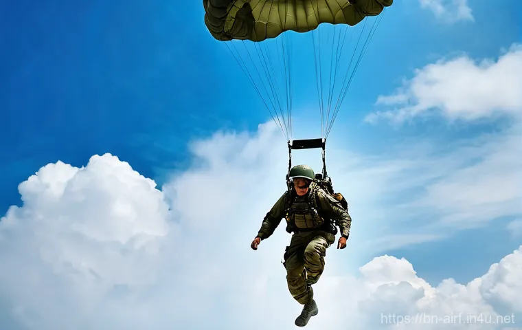 공군의 공군 특수부대 낙하산 훈련 - **Prompt:** Inside a brightly lit military hangar, a team of paratroopers, wearing their full jump s... 공군의 공군 특수부대 낙하산 훈련 - **Prompt:** Inside a brightly lit military hangar, a team of paratroopers, wearing their full jump s...