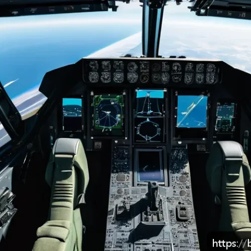 공군의 미래 항공 기술 - A cutting-edge military fighter jet cockpit interior showcasing an autonomous flight system in actio...
