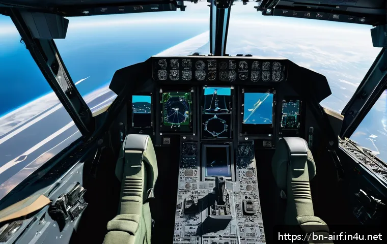 공군의 미래 항공 기술 - A cutting-edge military fighter jet cockpit interior showcasing an autonomous flight system in actio...