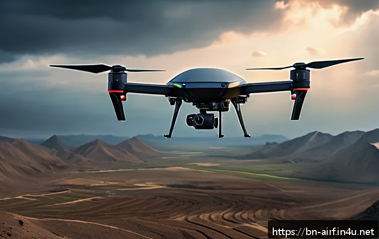 공군 드론 훈련 및 실전 활용 - A detailed, futuristic military drone equipped with advanced sensors and AI technology, flying over ...