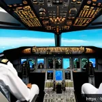 공군의 사고 예방 시스템 - A cutting-edge airplane cockpit interior featuring pilots wearing professional uniforms and seatbelt...