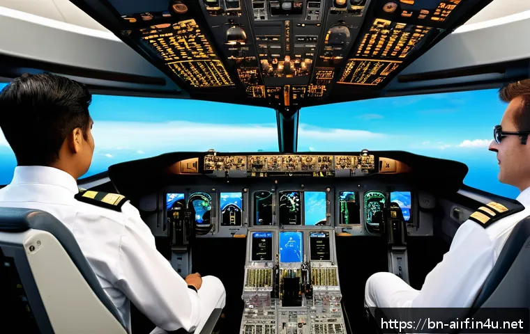 공군의 사고 예방 시스템 - A cutting-edge airplane cockpit interior featuring pilots wearing professional uniforms and seatbelt...