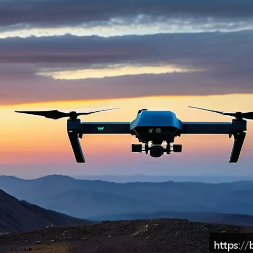 공군의 무인기 미래 전망 - A high-tech military drone flying over a rugged mountainous border area at dusk, equipped with advan...