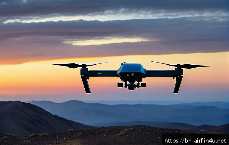 공군의 무인기 미래 전망 - A high-tech military drone flying over a rugged mountainous border area at dusk, equipped with advan...