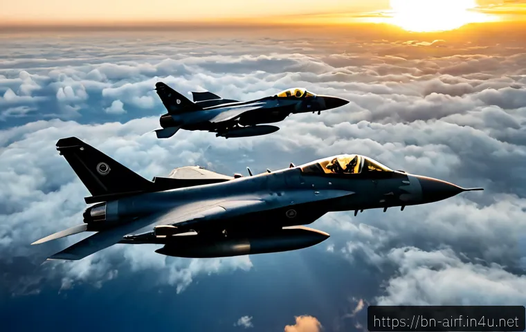 공군의 공중전 개념 - Photorealistic modern air force aerial combat concept, two unmarked fighter jets flying in coordinat...